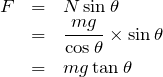 \begin{eqnarray*}F&=&N\sin\theta\\&=&\frac{mg}{\cos\theta}\times \sin\theta \\&=&mg\tan\theta\end{eqnarray*}