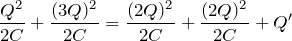 $$\frac{Q^2}{2C}+\frac{(3Q)^2}{2C}=\frac{(2Q)^2}{2C}+\frac{(2Q)^2}{2C}+Q'$$