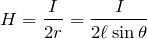 $$H=\frac{I}{2r}=\frac{I}{2\ell \sin{\theta}}$$