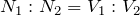 $$N_1:N_2=V_1:V_2$$