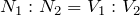 Rendered by QuickLaTeX.com $$N_1:N_2=V_1:V_2$$