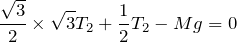 $$\frac{\sqrt{3}}{2}\times\sqrt{3}T_2+\frac{1}{2}T_2-Mg=0$$