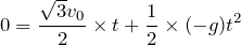 $$0=\frac{\sqrt{3}v_0}{2}\times t + \frac{1}{2}\times (-g)t^2$$